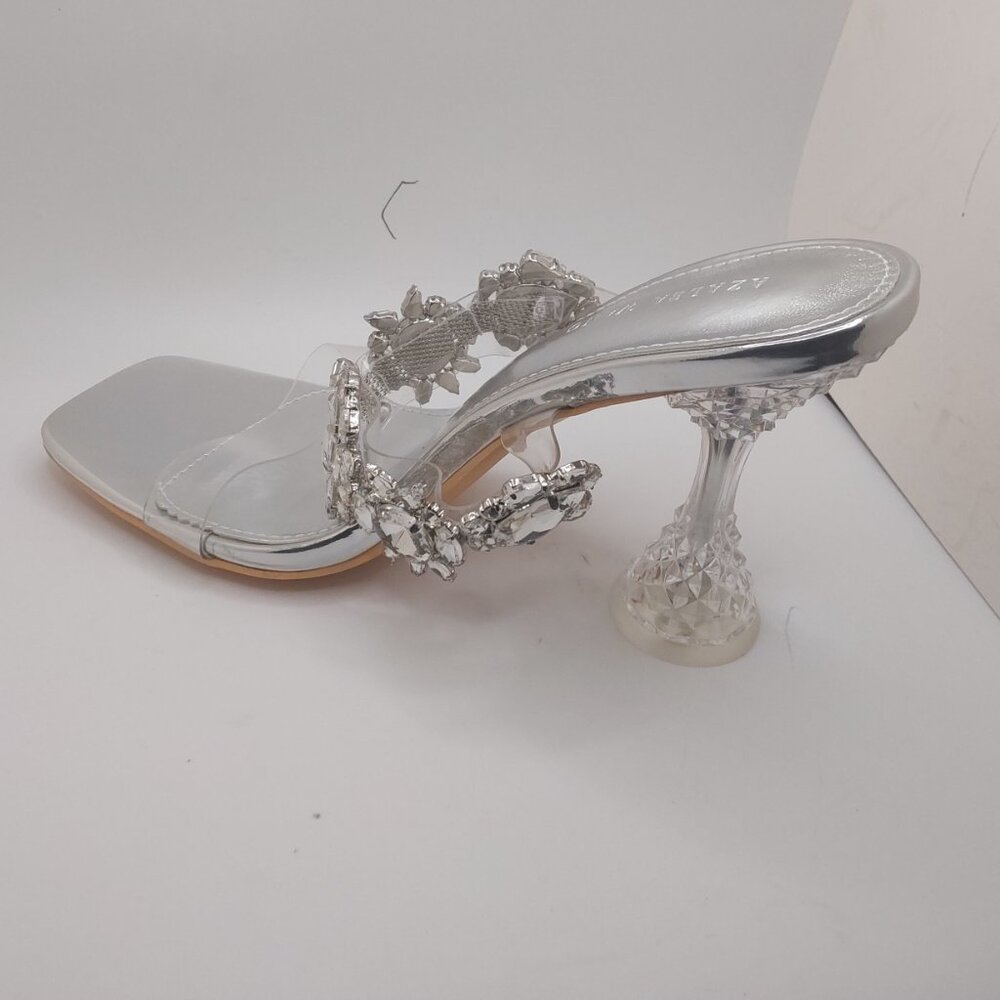 Azalea Wang Barbados Backless Dazzling Rhinestone Heeled Sandal Silver Size 8.5